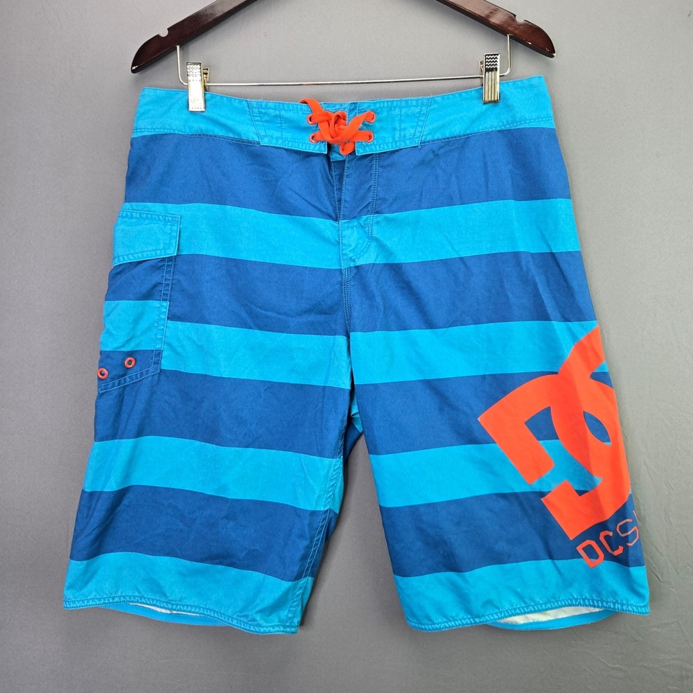DC Shoes Board Shorts Striped Swim Trunks Size 34 Blue Orange Logo Surf Skate